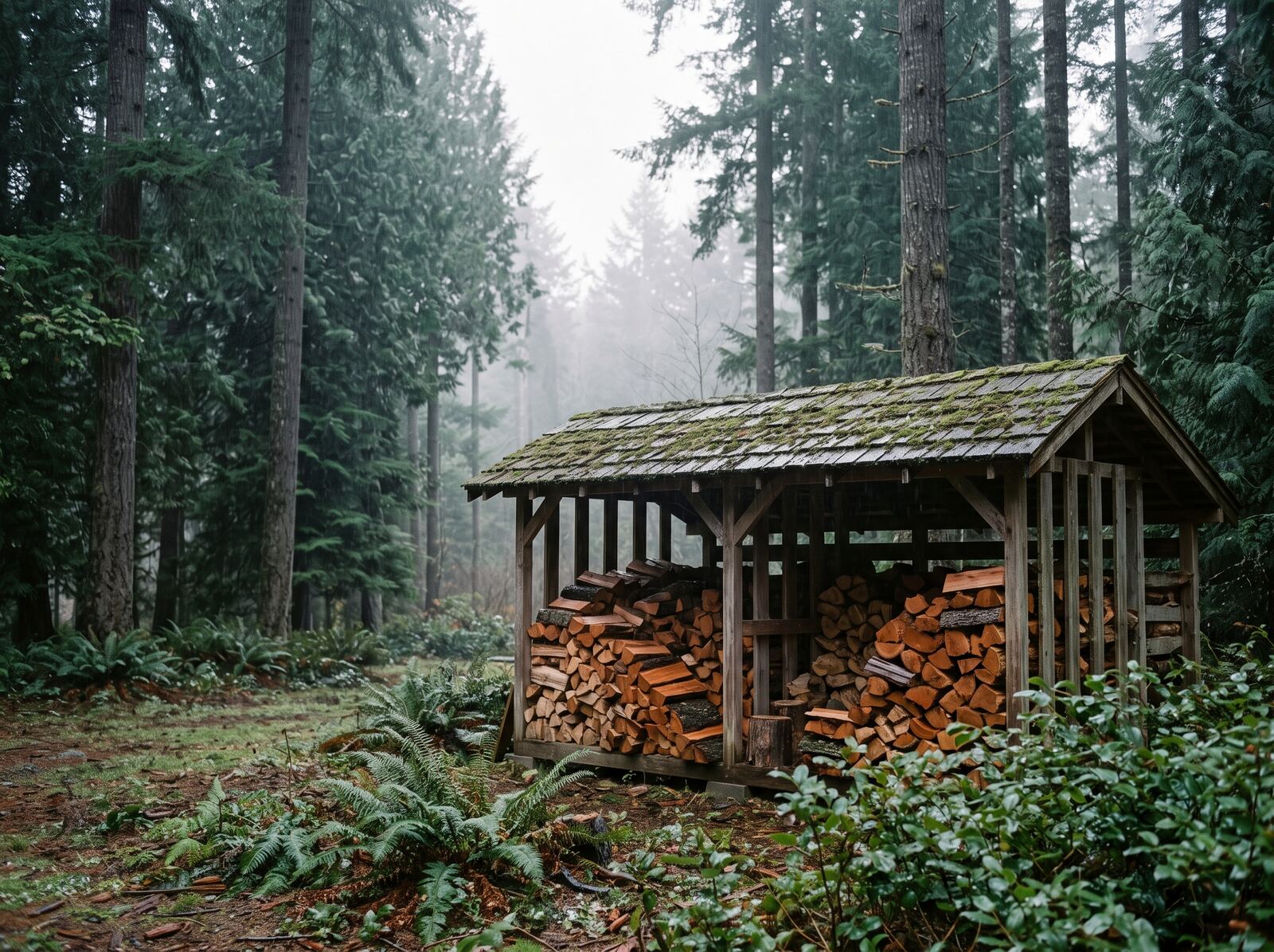 Split alder and fir firewood stacked under an open cedar woodshed with a moss-covered shake roof, at the edge of a misty evergreen forest