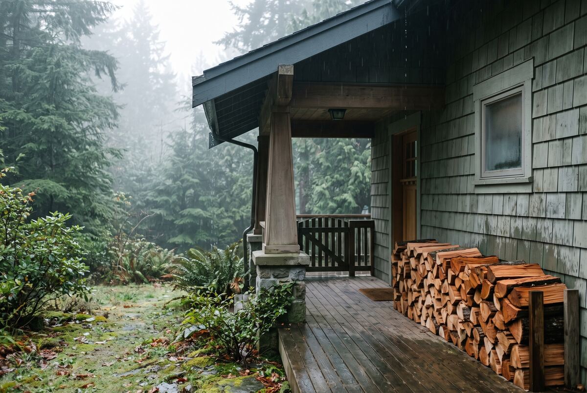 Split firewood stacked along the wall of a covered Craftsman porch in soft drizzle, with a fogged evergreen yard beyond