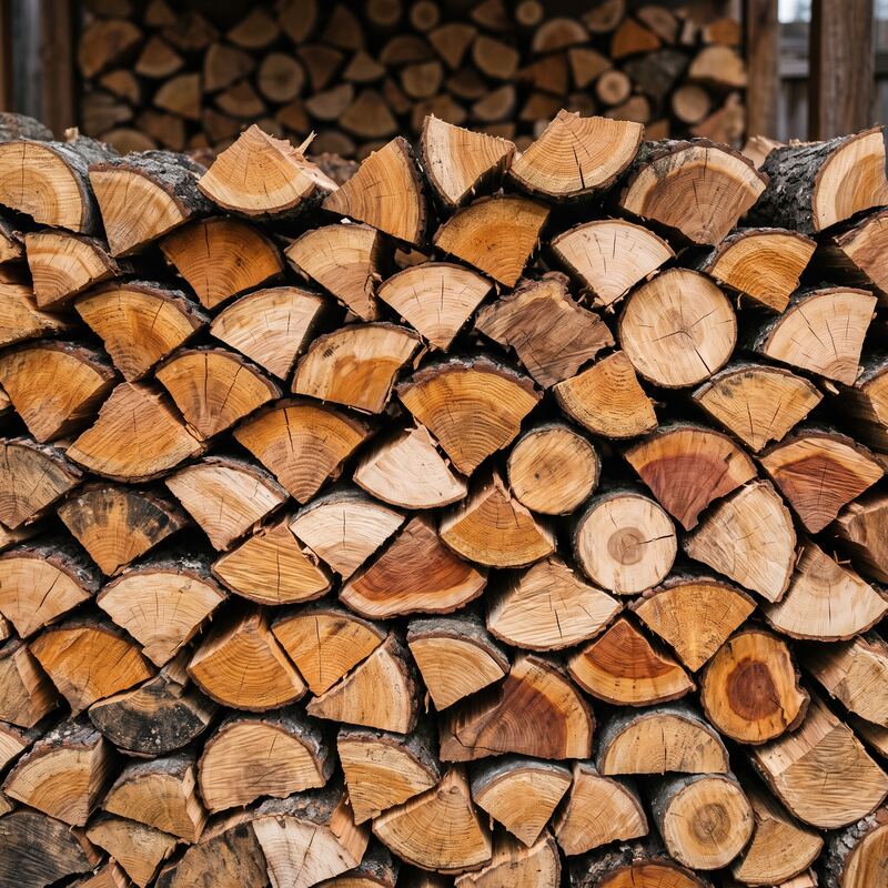 Stacked ends of split mixed hardwood firewood in varied honey, amber and rust tones