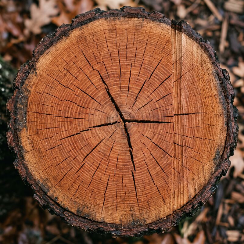 End grain of a seasoned oak firewood round with deep radial seasoning cracks and dark bark